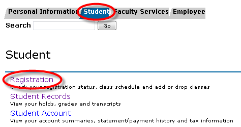 UWF Public Knowledge Base > Viewing Holds > 1-24-2014 4-01-50 PM.png student tab and registration link
