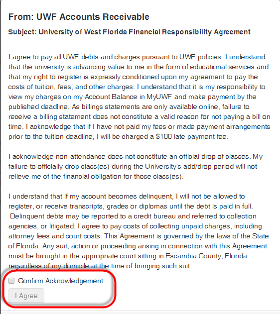 UWF Financial Responsibility Agreement email