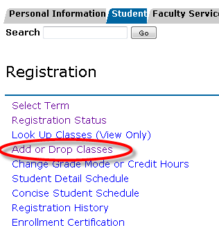 link for add or drop classes