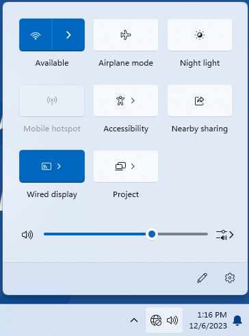 Windows settings tray