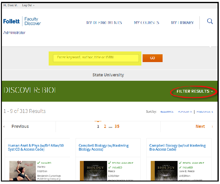 search field, and option for filter results