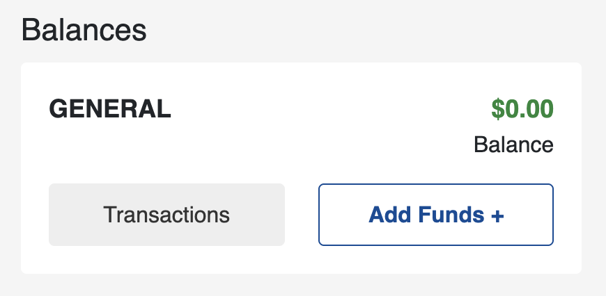 balances and add funds. Screenshot of webpage