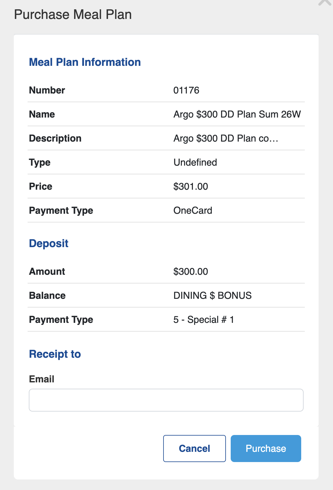 meal plan purchase screen