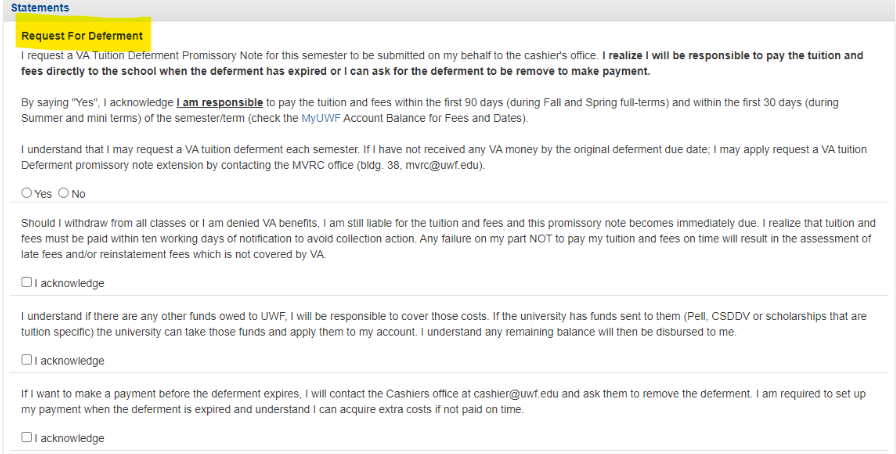 Deferment Request Acknowledgement
