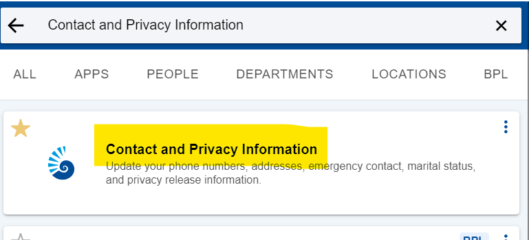 Snippet of search results for 'Contact and Privacy Information' under MyUWF search box.