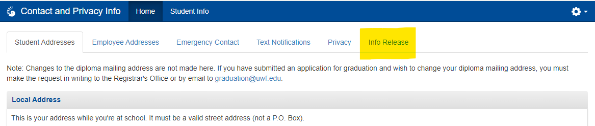Snippet of Contact and Privacy, 'Info Release' is highlighted to indicate where students should select.