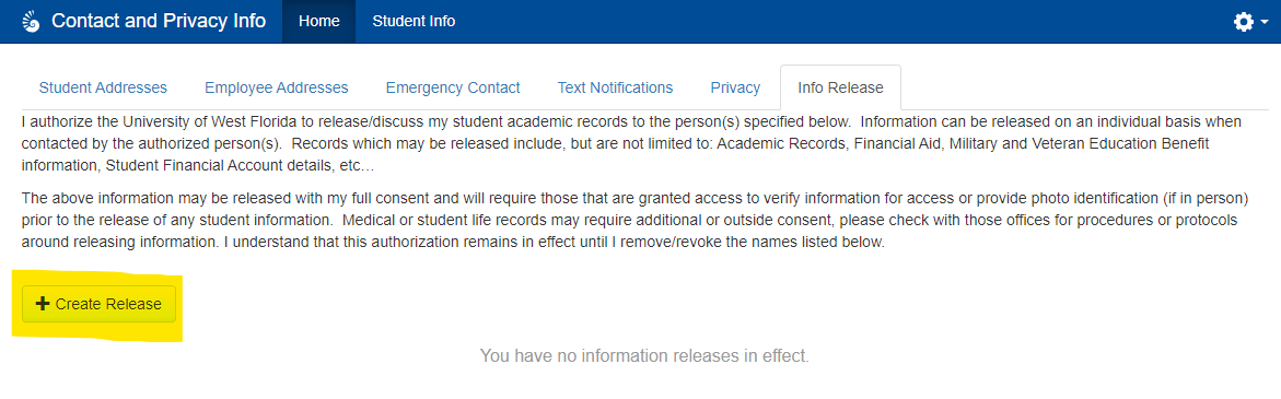 Snippet of Info Release, Create Release is highlighted to indicate where students should select to complete their Release of Information.