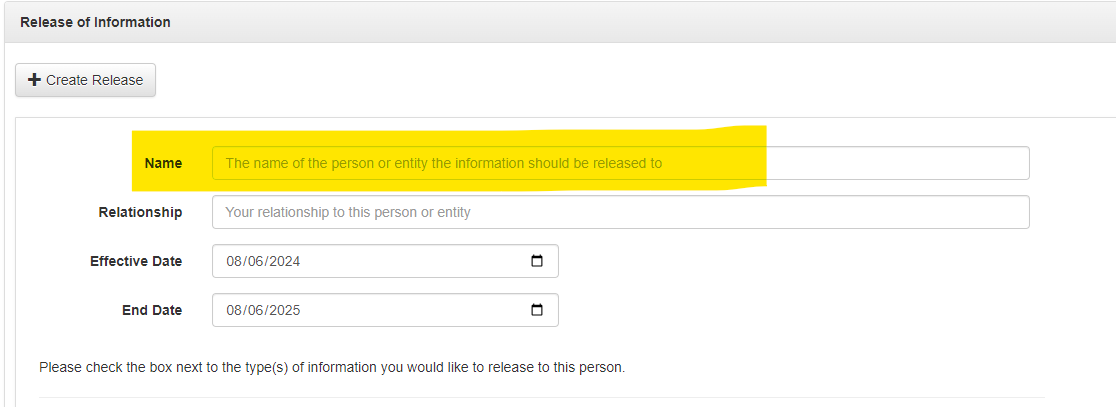 Snippet displays Release of Information, Name is highlighted to indicate where students should type in their branch of service to allow us to post their grades.