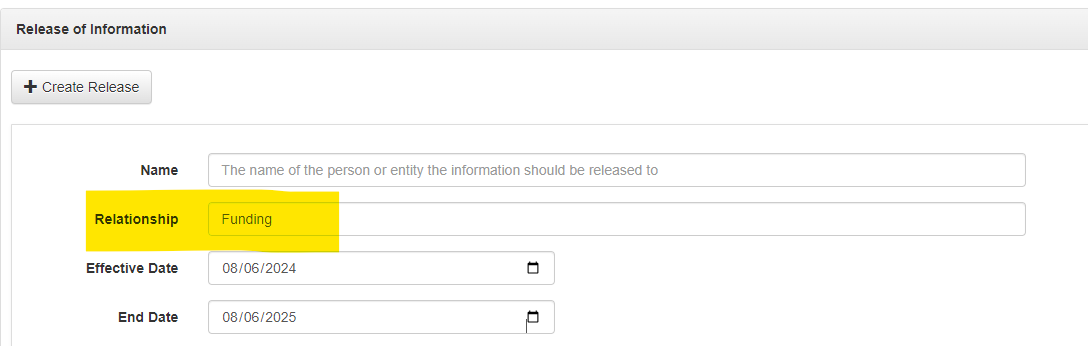 Snippet displays Release of Information, Relationship is highlighted with the word 'Funding' in the text box. This is what students should add to this section. 