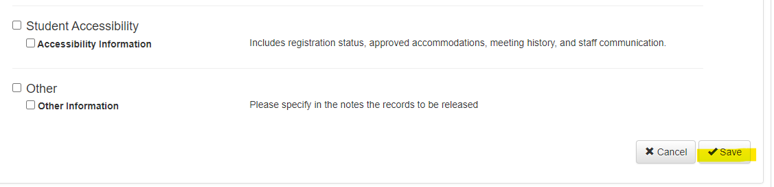 Snippet of the Save button which students should now select to complete their Release of Information for TA Purposes.