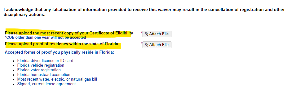 A screenshot highlights the requirements to upload DD-214 or Certificate of Eligibility, plus proof of residency within the state of Florida.