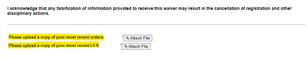 A screenshot highlights the requirements to upload recent orders or recent LES for the Active duty out of state waiver. 