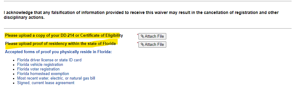 A screenshot highlights the requirements to upload DD-214 or Certificate of Eligibility, plus proof of residency within the state of Florida.