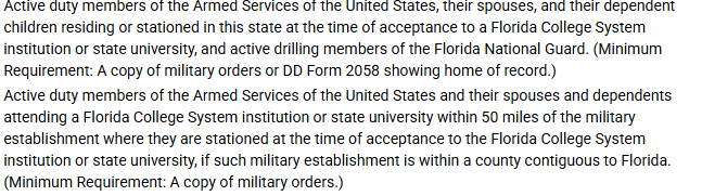 Screen shot of UWF MVRC catalog regarding active duty members and residency. 