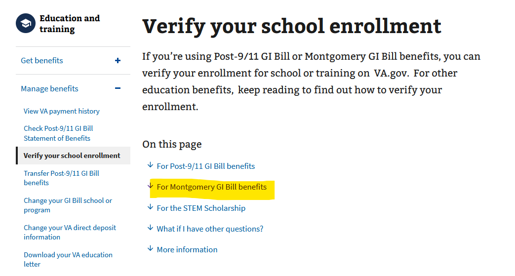 Screenshot of VA.gov site, highlighted is 'For Montgomery GI Bill benefits' for Ch. 30 students to select to verify their school enrollment with the VA. 