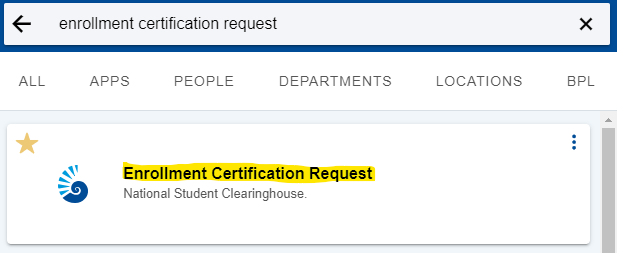 Screenshot of results for Enrollment Certification Request under MyUWF search box. 