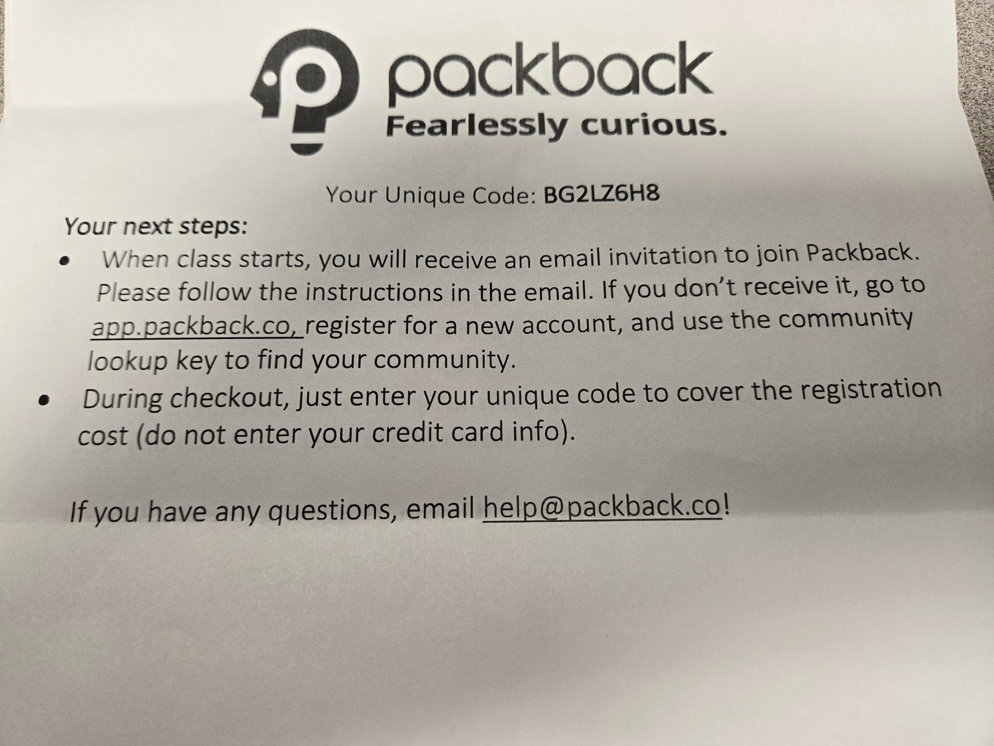 Packback sheet with unique code provided to access materials