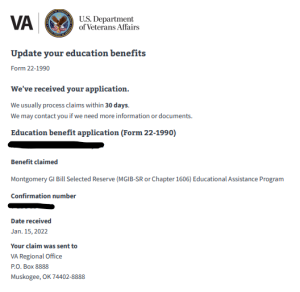 screenshot of VA Form 22-1990. It is the confirmation page provided at the end of the application. 