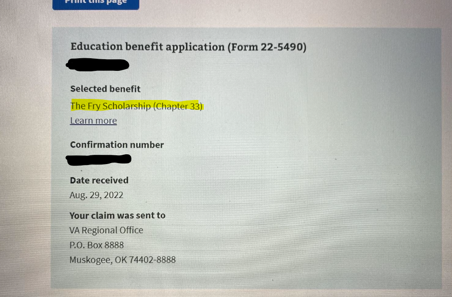 Screenshot of confirmation page provided at the end of the application of VA Form 22-5490.