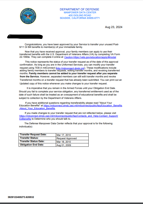 Screenshot of Transfer of Education Benefits (TEB). 