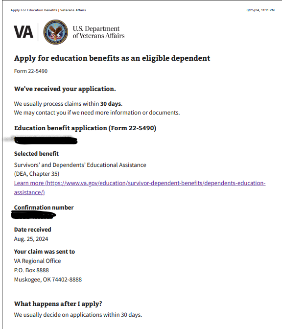 Screenshot example of the confirmation page provided at the end of the application, Form 22-5490.