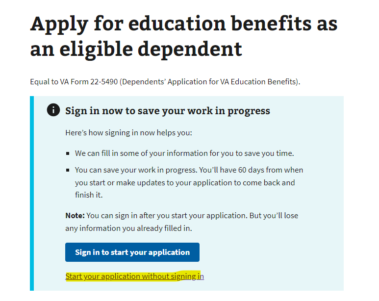 Screenshot of va.gov site displaying where to find the application for online VA form 22-5490. 
