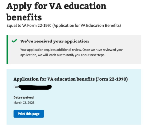 screenshot of the confirmation page provided at the end of the application or 22-1990. 