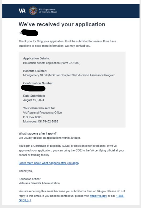 Screenshot example of what student receive when completed the online form 22-1990. Will have header 'We've received your application' at the top. Body has application type, benefits claimed, confirmation number, date submitted, and where you claim was sent to.