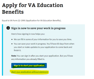 snippet of va.gov site which displays the Log in options to complete the online form 22-1990. Option 1, 'Sign in to start your application' or option 2, 'Start your application without signing in'