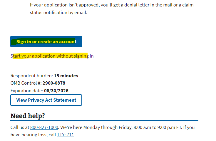 Snippet of online VA Form 22-10203 which displays two buttons to start the application. 1. Sign in to or create an account or 2. Start your application without signing in. 