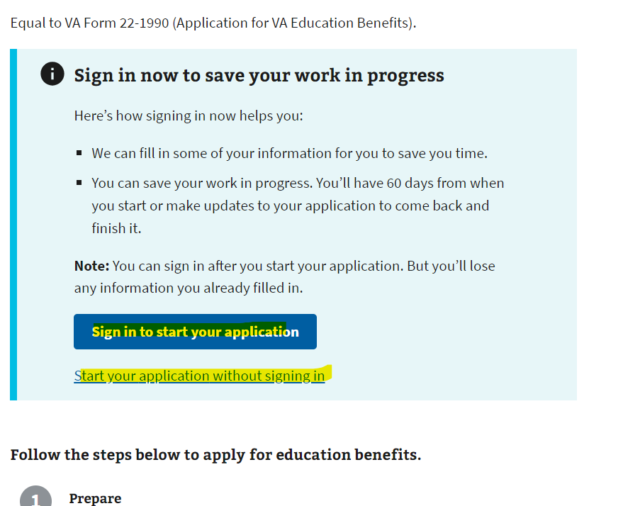 screenshot of va.gov site displaying the start of the application for VA form 22-1990. Highlighted are the two buttons you can select to start your application. 1. Sign in to start your application (Blue Button) or 2. Start your application without signing in. 