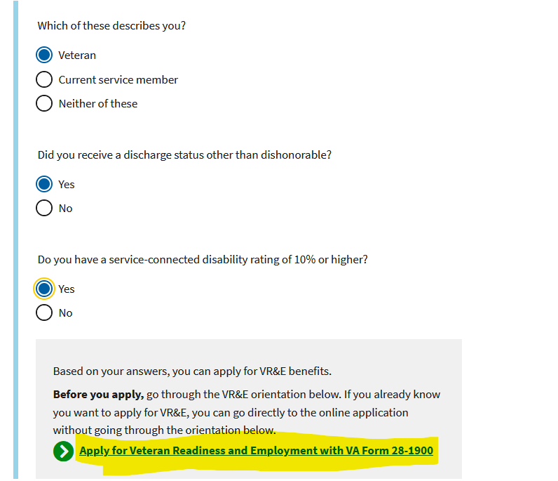 -screenshot of application to Ch. 31 benefits equal to VA Form 28-1900.