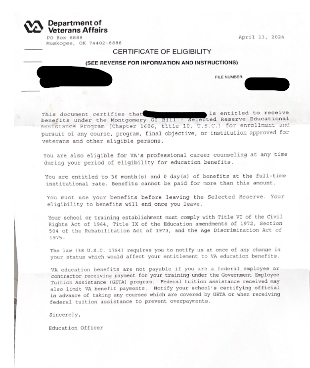 Screenshot of Certificate of Eligibility (COE) for Ch. 1606 benefits. 