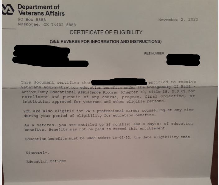 Screenshot of Ch. 30 Certificate of Eligibility. 