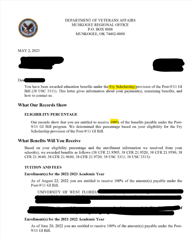 Screenshot of Certificate of Eligibility (COE) for FRY Scholarship. 