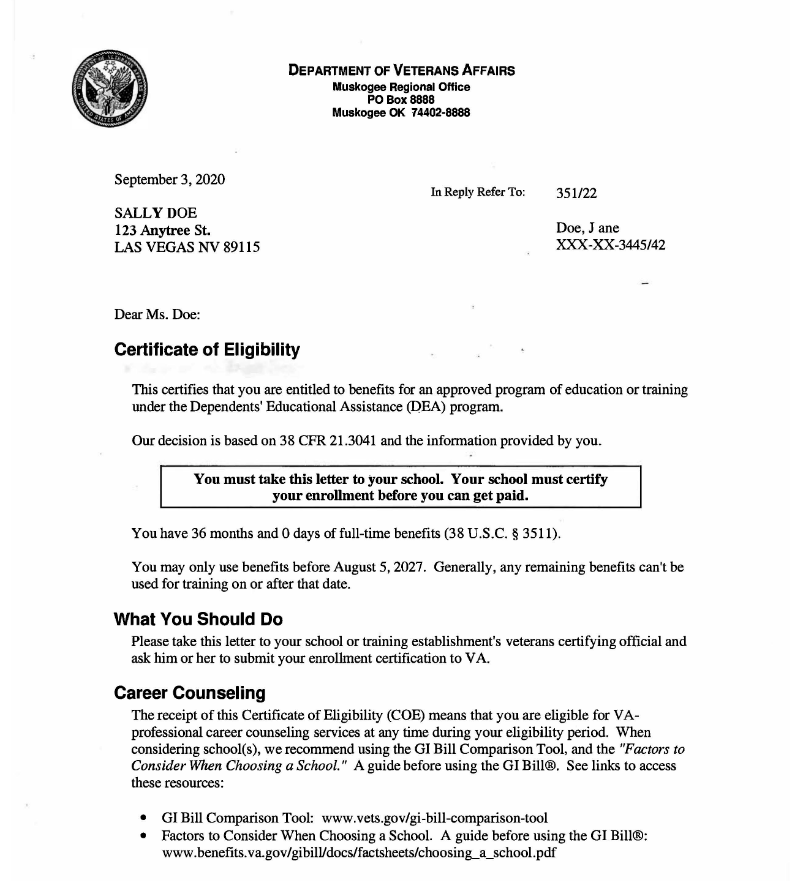 Screenshot of Certificate of Eligibility (COE) for Ch. 35 benefits. 