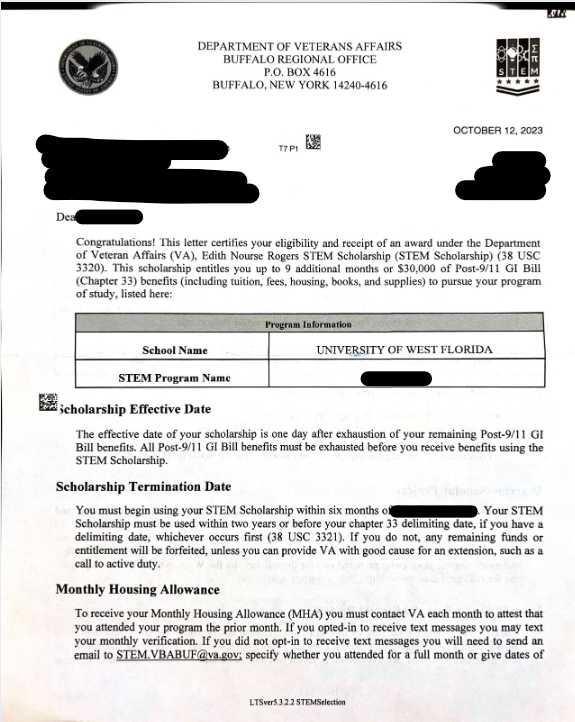 Screenshot of Certificate of Eligibility (COE) for VA STEM Scholarship. 