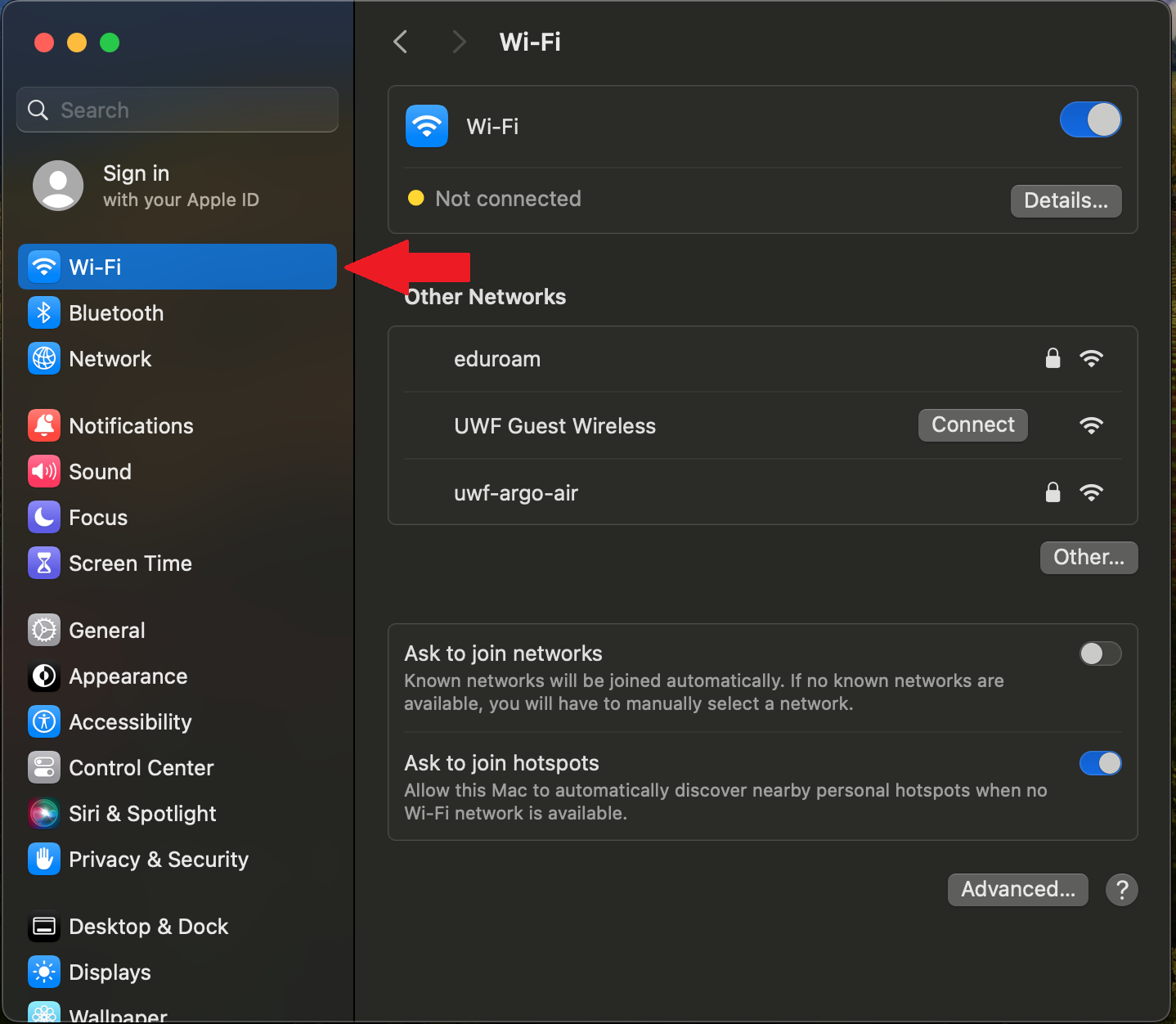 Mac OS WIFI System Preferences