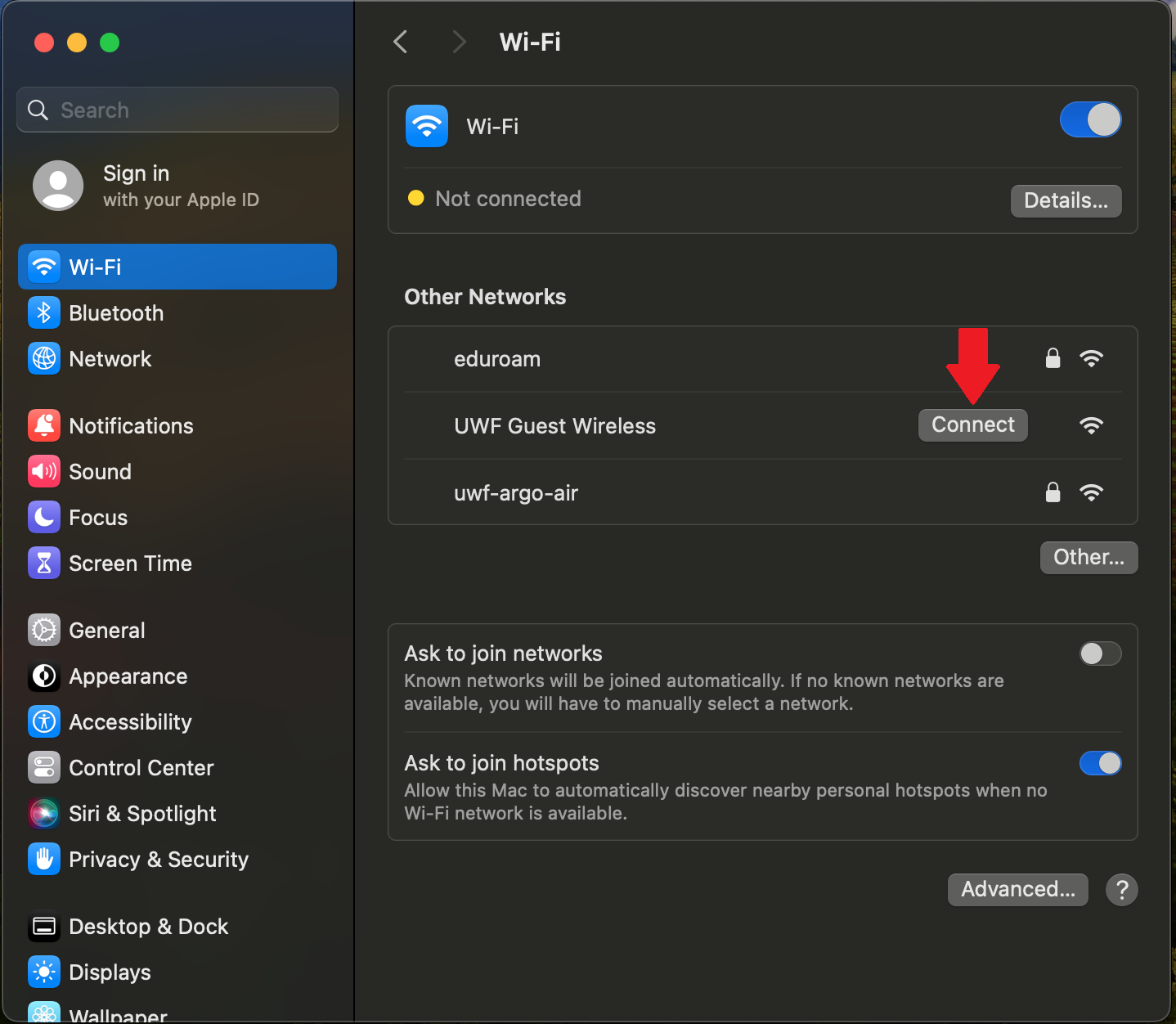Mac OS Wifi System Preferences Connect