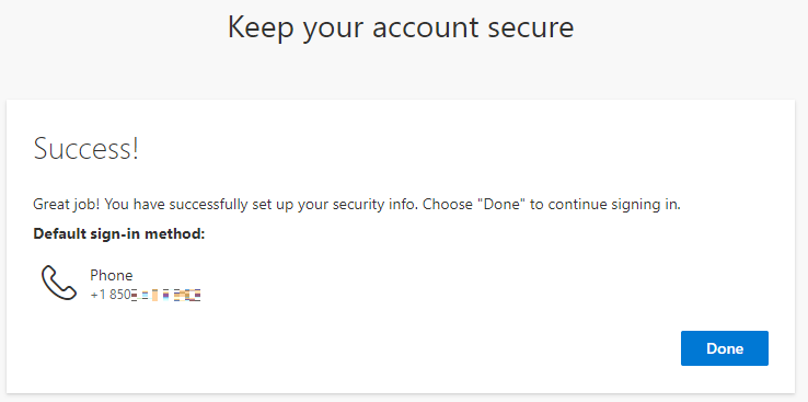 Success Screen Showing Sign-in method