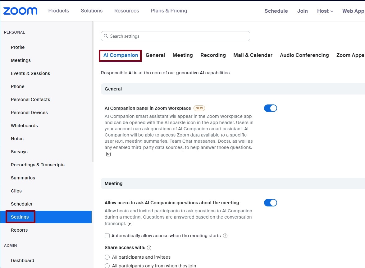 Zoom AI Settings Menu