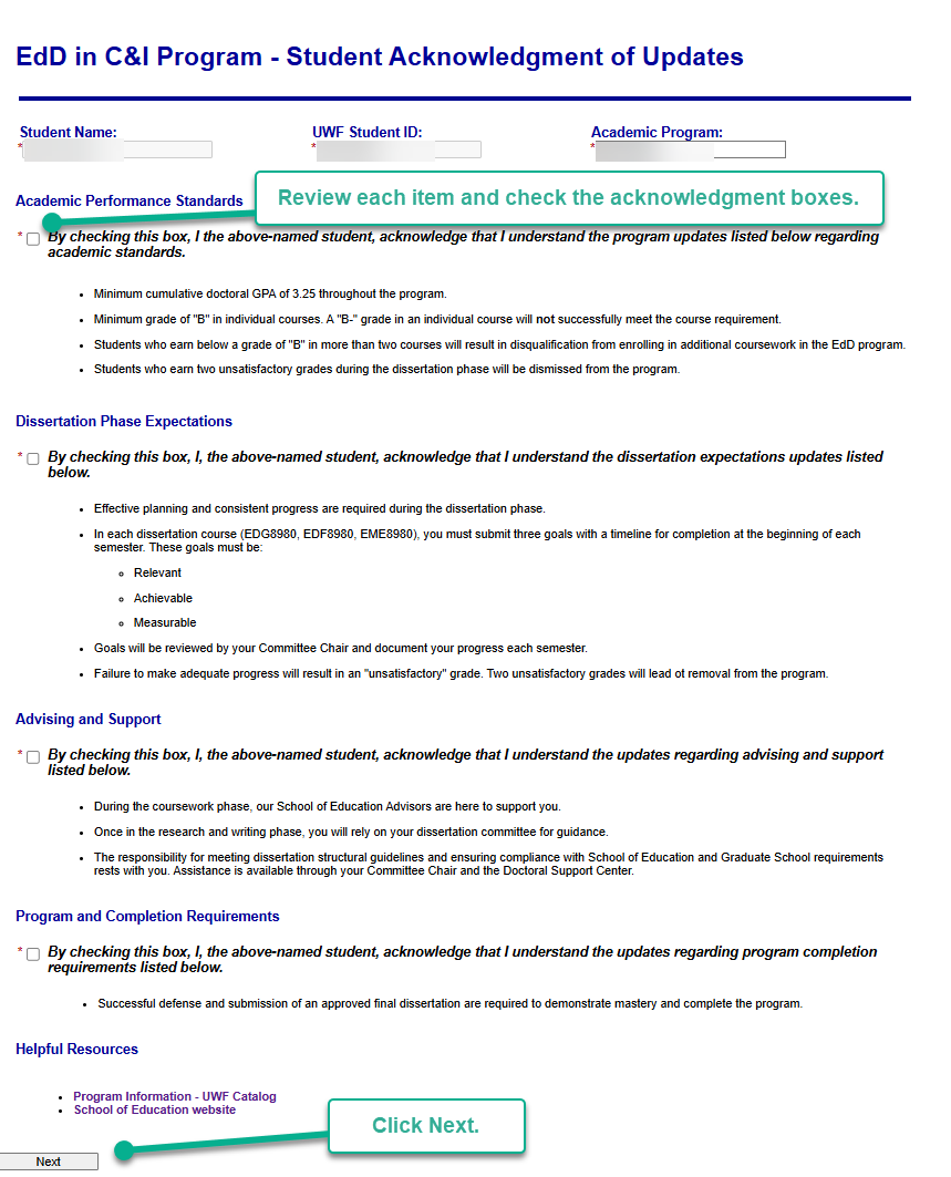screenshot of acknowledgment form