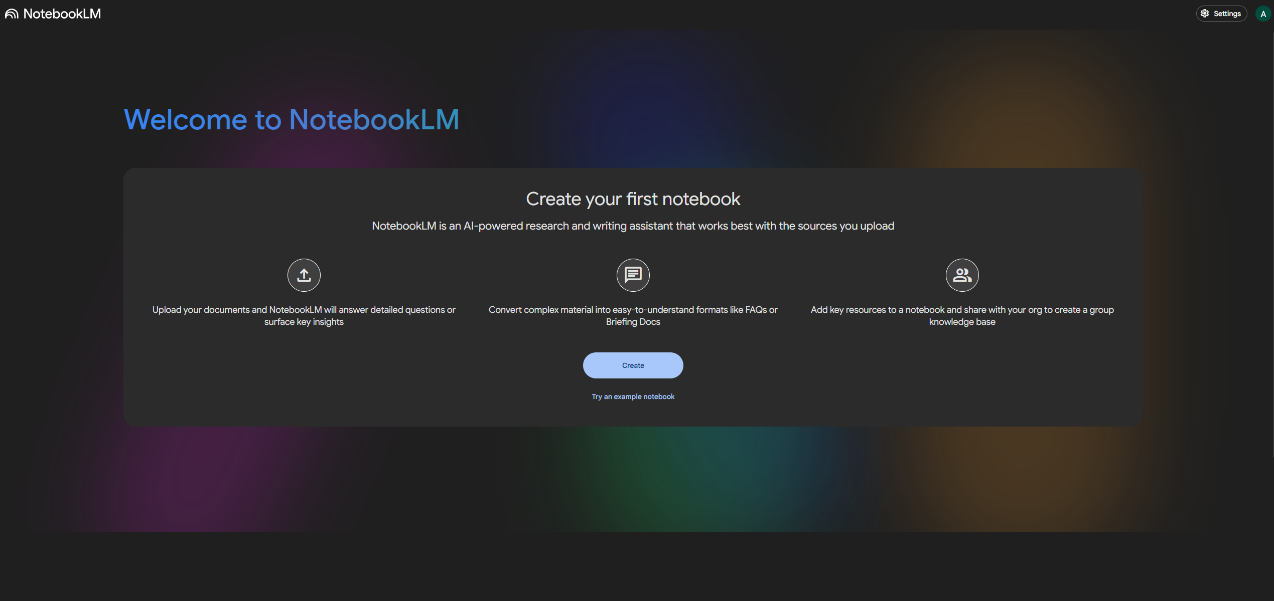 NotebookLM create your first notebook