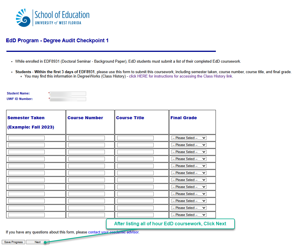 image of degree audit checkpoint 1 form