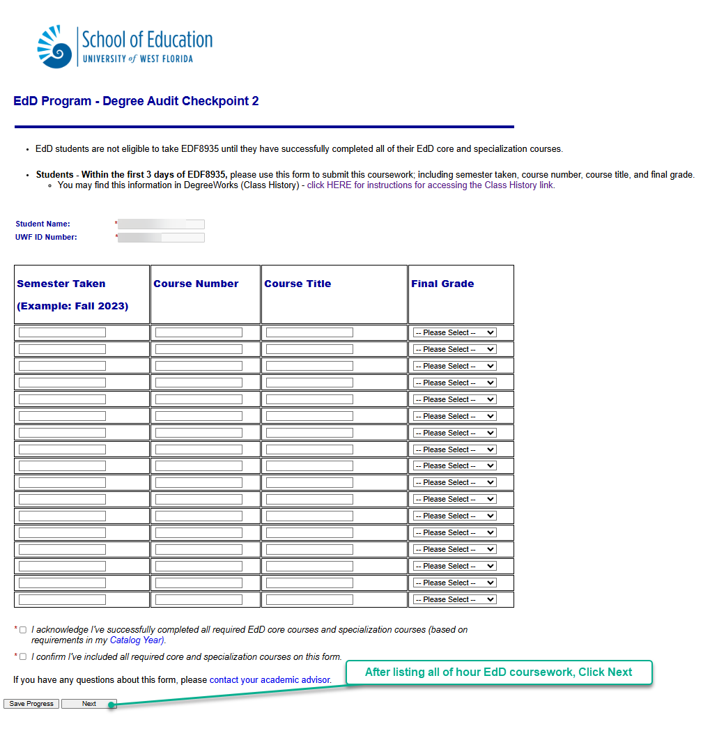 UWF Public Knowledge Base > Completing the EdD Program - Degree Audit Checkpoint 2 dynamic form > Screenshot of Degree Audit Checkpoint 2.png image of degree audit checkpoint 2 form