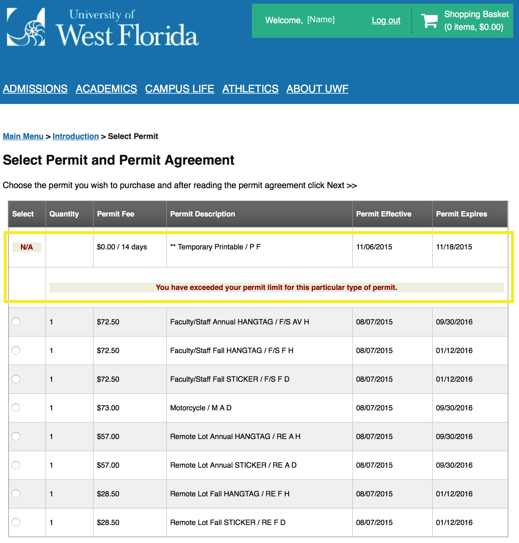 Error message for printing temporary permit