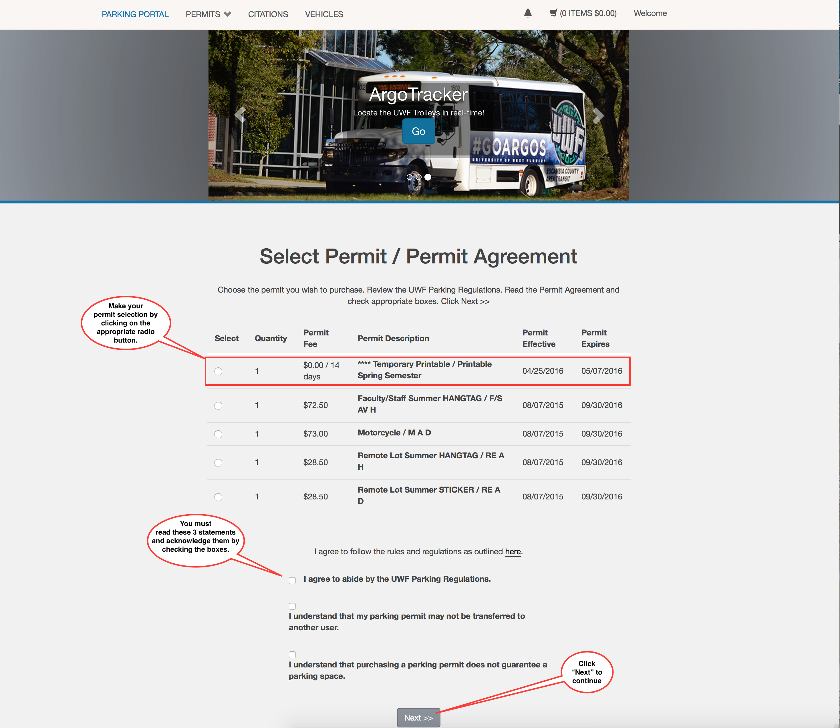 Highlighted here is the 14-Day free temporary permit