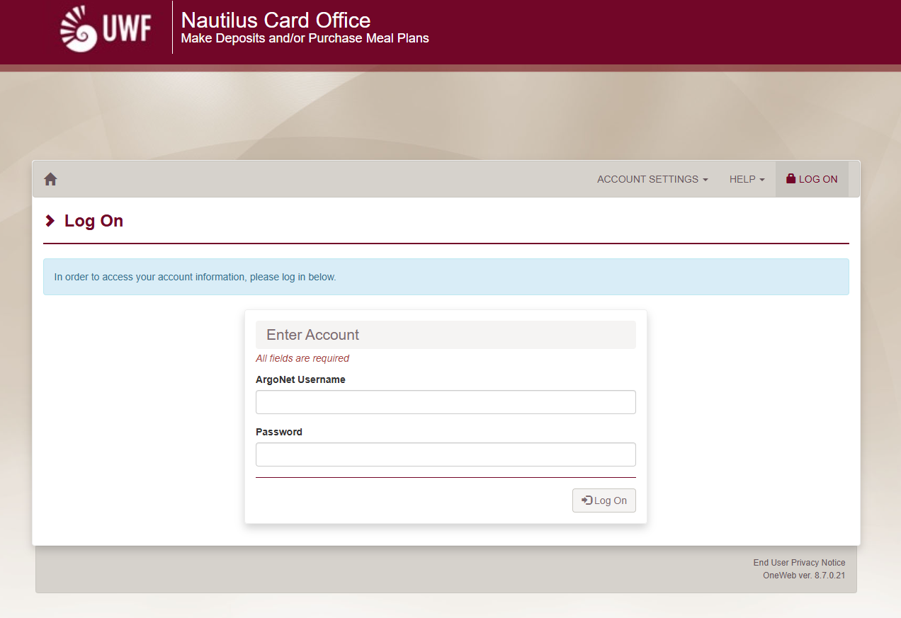 Nautilus Card log in page