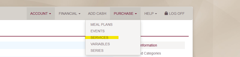 Purchase tab with Services option