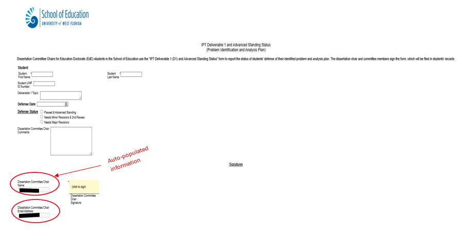 Dissertation Committee Chair Name and Email Address fields automatically populated. 